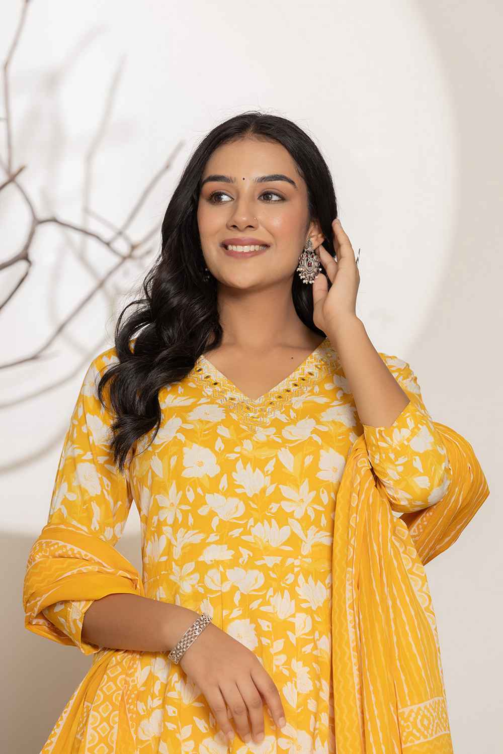 Yellow Floral Print Embroidered Pure Cotton Kurti Set