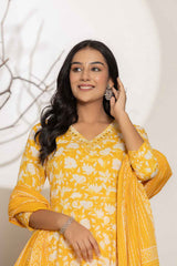 Yellow Floral Print Embroidered Pure Cotton Kurta Set