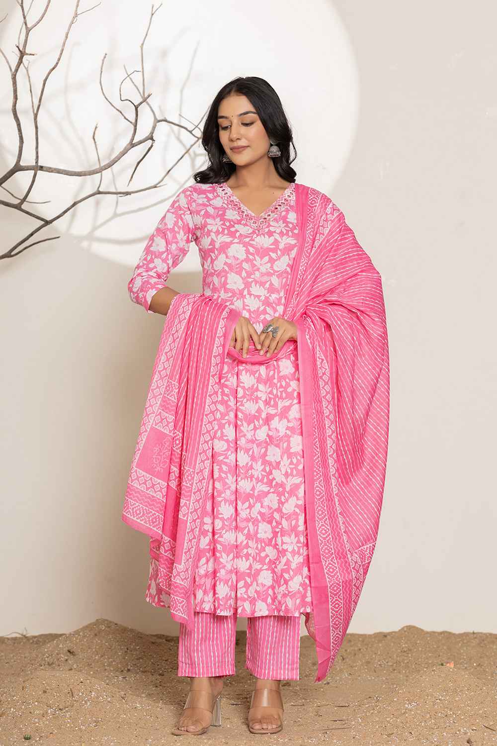 Pink Floral Print Embroidered Pure Cotton Kurti Set