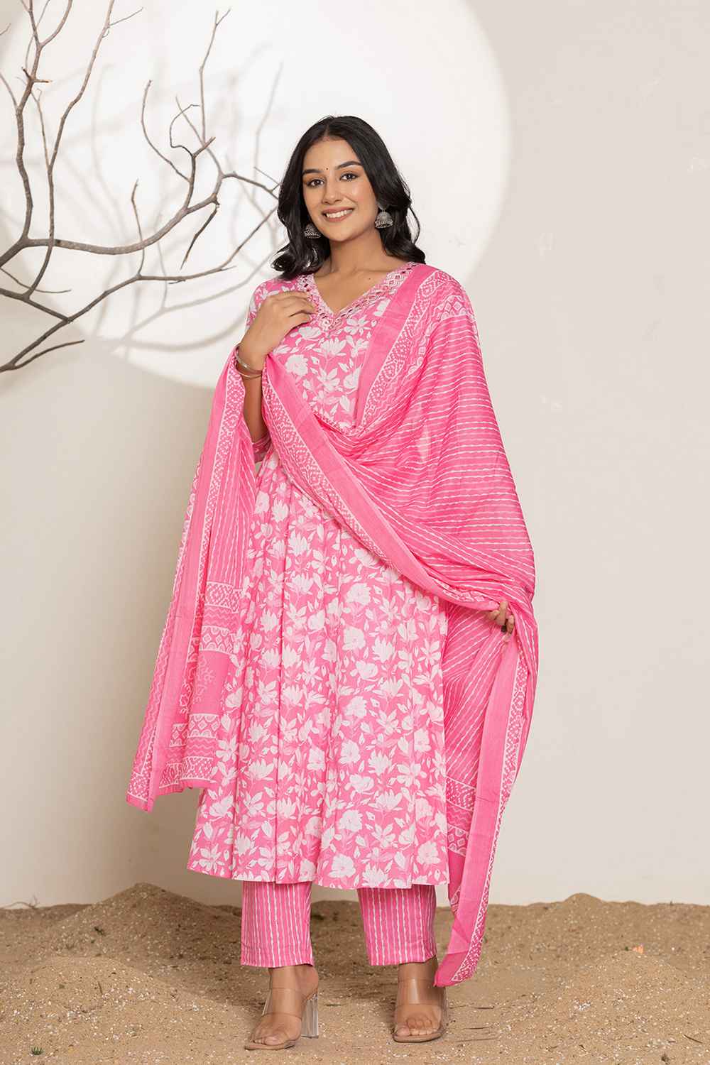 Pink Floral Print Embroidered Pure Cotton Kurti Set