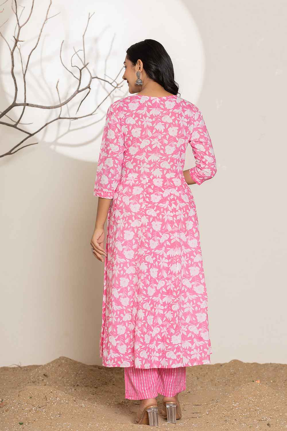 Pink Floral Print Embroidered Pure Cotton Kurta Set