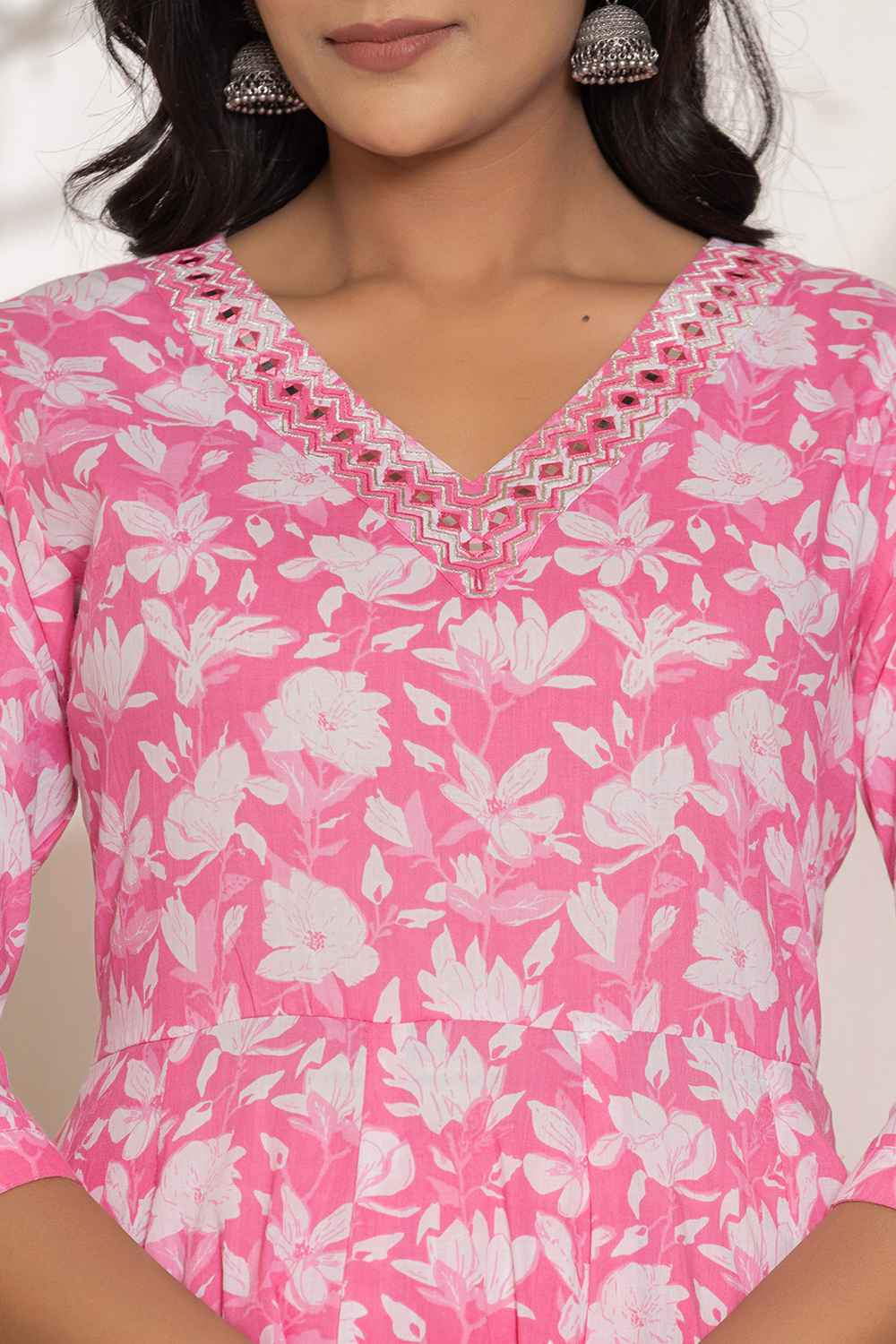 Pink Floral Print Embroidered Pure Cotton Kurti Set