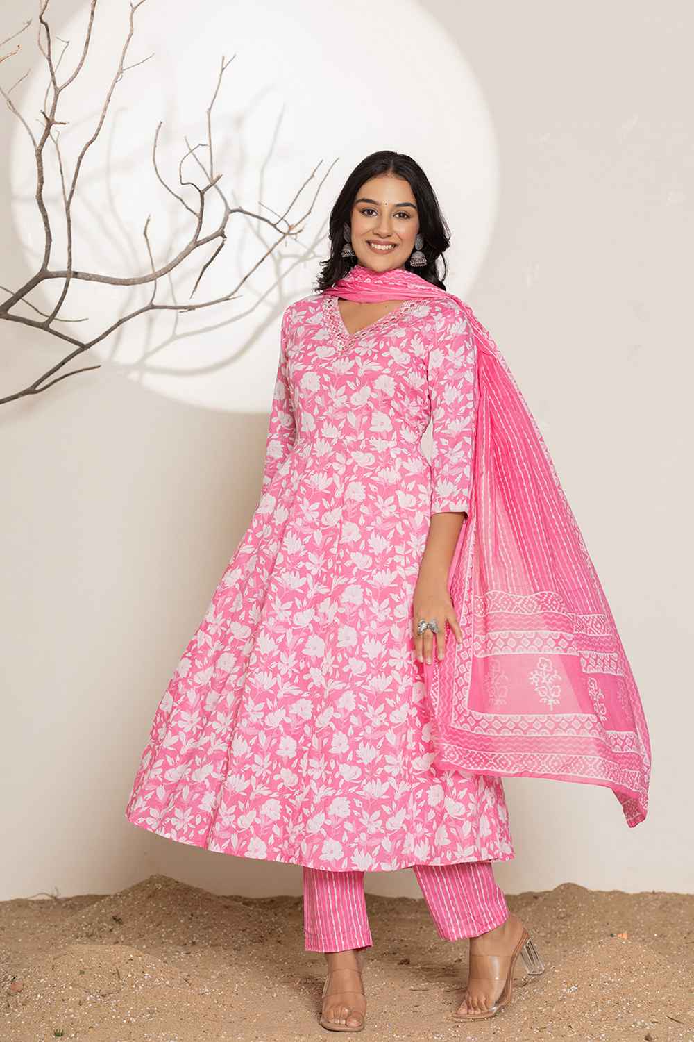 Pink Floral Print Embroidered Pure Cotton Kurti Set