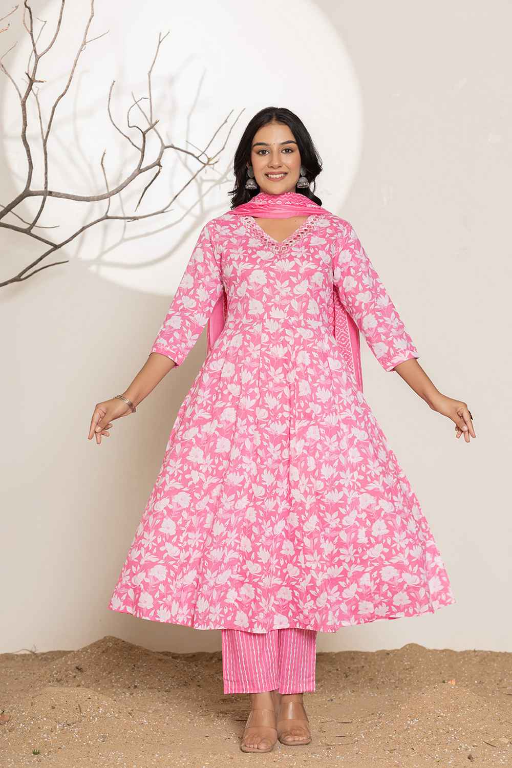 Pink Floral Print Embroidered Pure Cotton Kurta Set