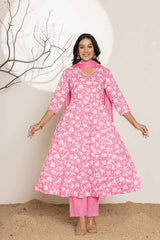 Pink Floral Print Embroidered Pure Cotton Kurti Set