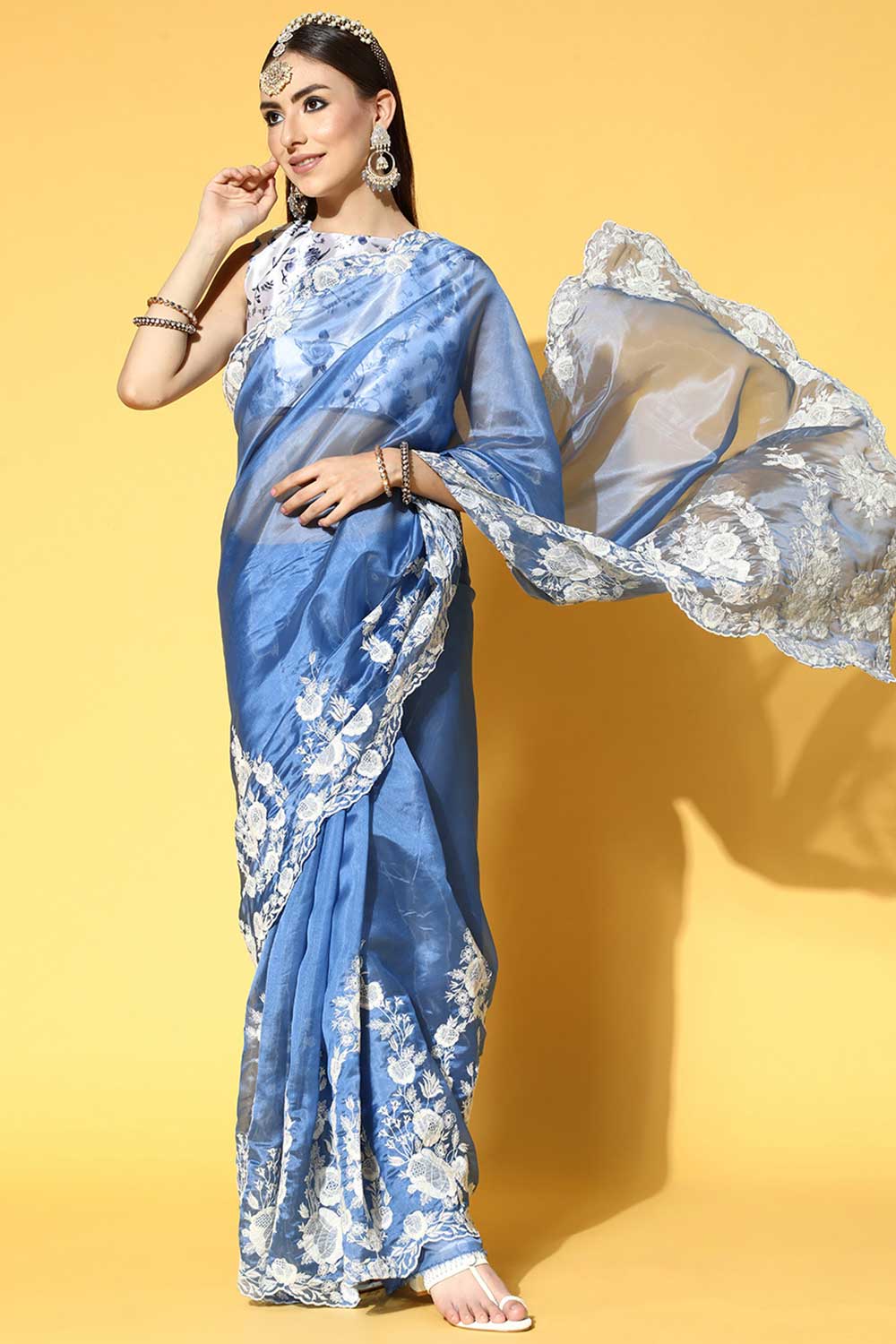 Buy fabric-organza Embroidered Saree in Blue Online