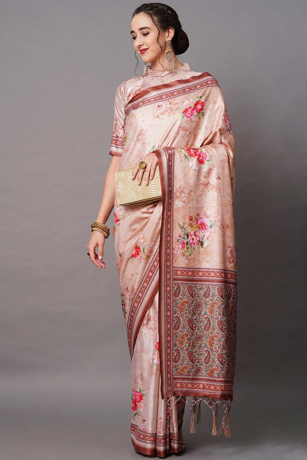 Buy Dola Art Silk print-floral Printed Saree in Beige Online