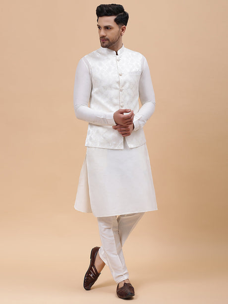 Buy Men's Off White Art Silk Jacquard Woven Design Nehru Jacket Online