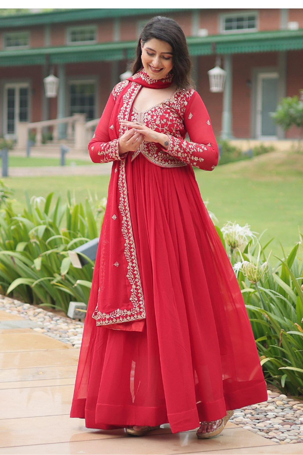 Red Solid Embroidered Georgette Gown