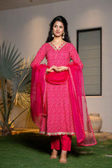 Pink Leheriya Lace Work Pure Cotton Kurti Set