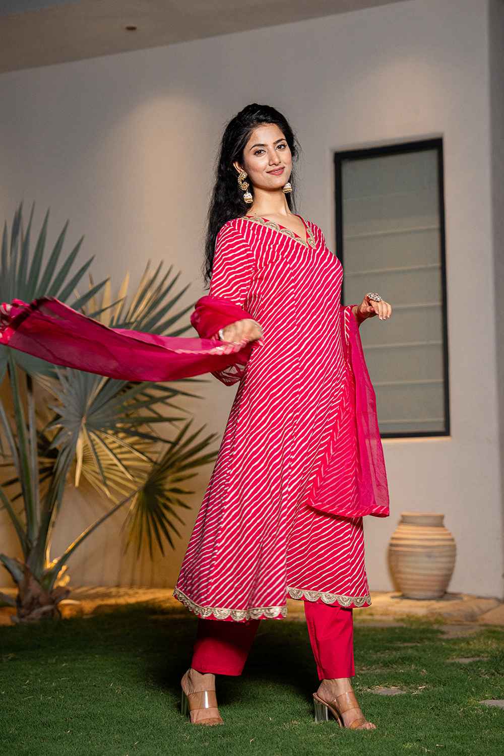 Pink Leheriya Lace Work Pure Cotton Kurti Set