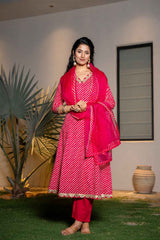 Pink Leheriya Lace Work Pure Cotton Kurta Set