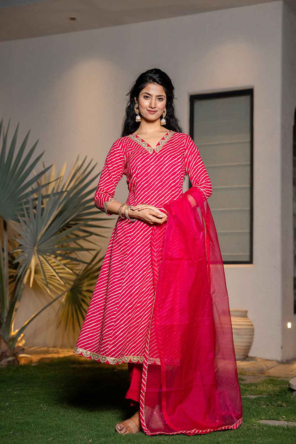 Pink Leheriya Lace Work Pure Cotton Kurta Set