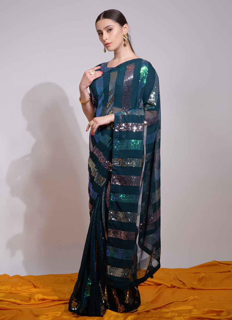 Teal Georgette Embroidered Saree