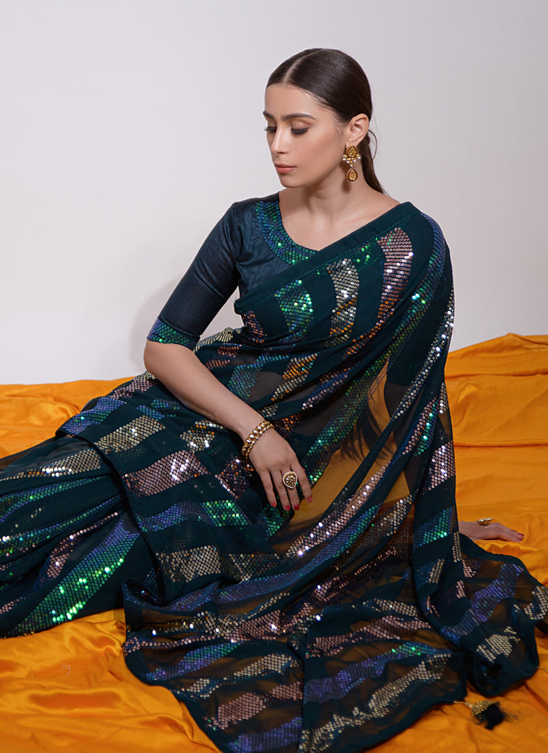 Teal Georgette Embroidered Saree