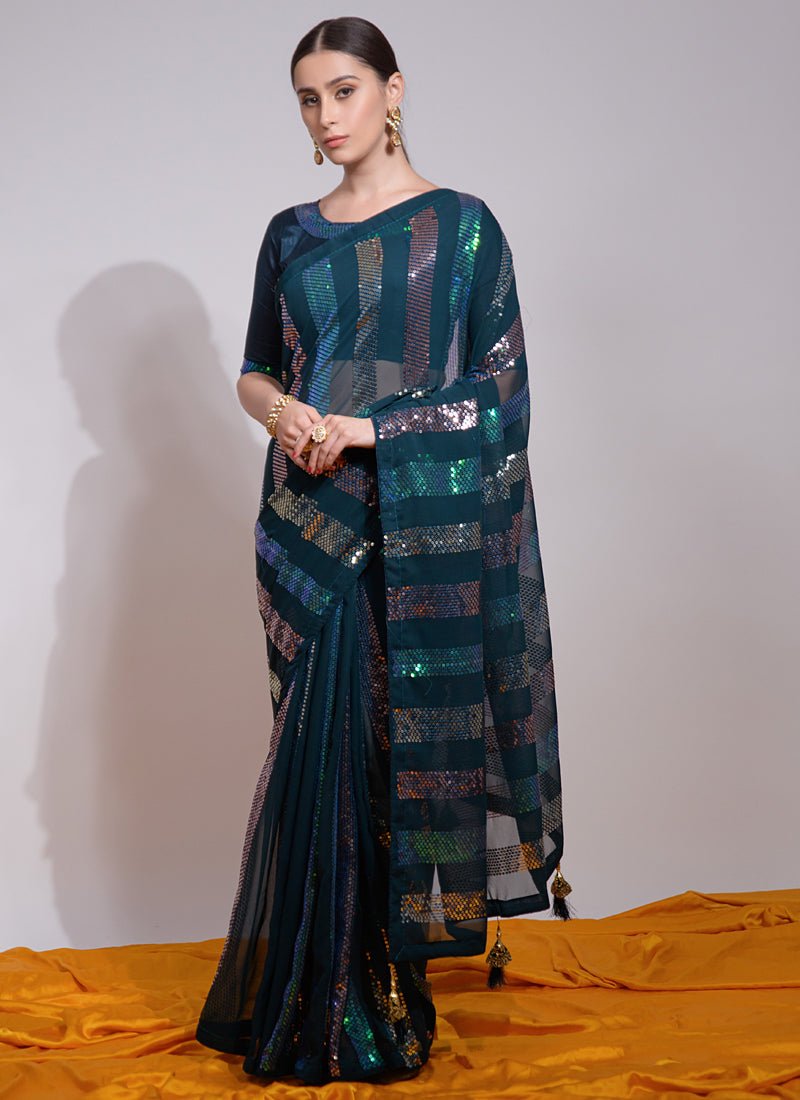 Teal Georgette Embroidered Saree