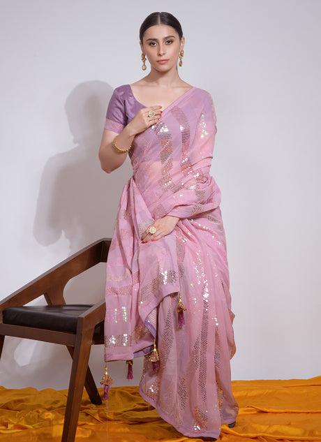 Light Pink Georgette Embroidered Saree