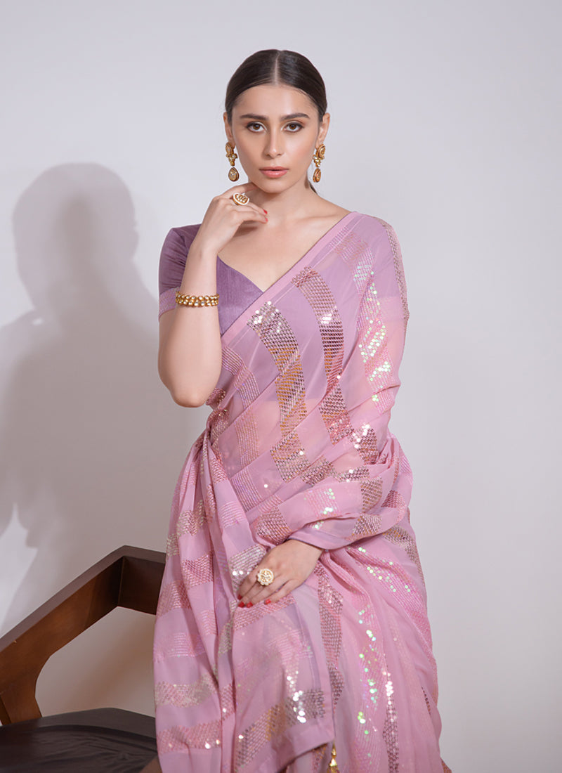 Light Pink Georgette Embroidered Saree