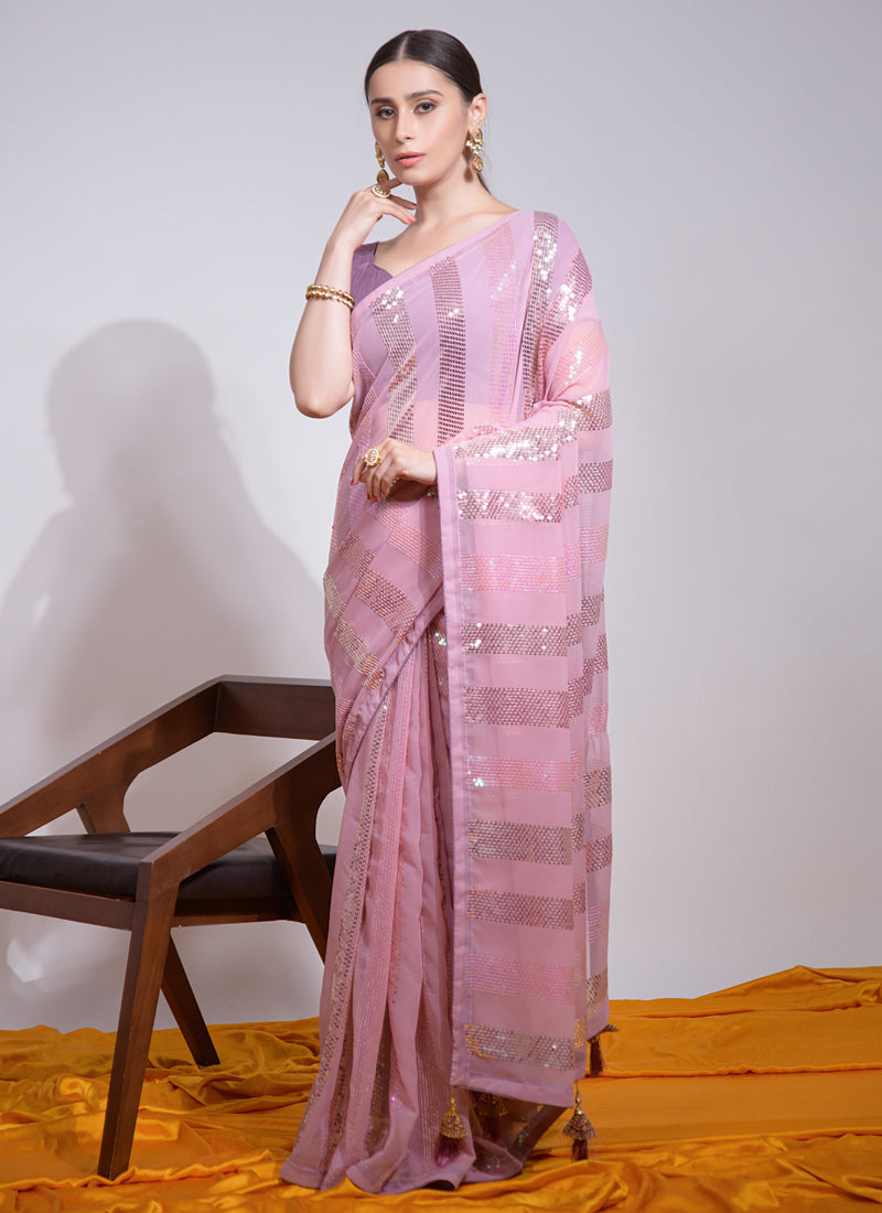 Light Pink Georgette Embroidered Saree