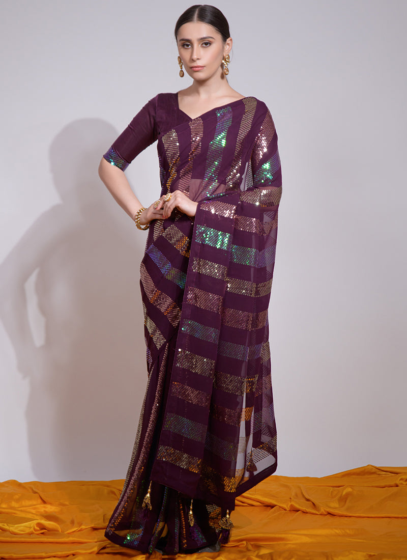 Wine Georgette Embroidered Saree