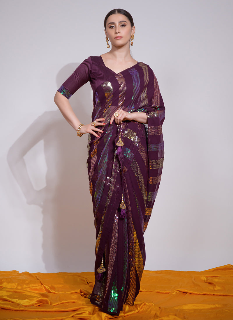 Wine Georgette Embroidered Saree