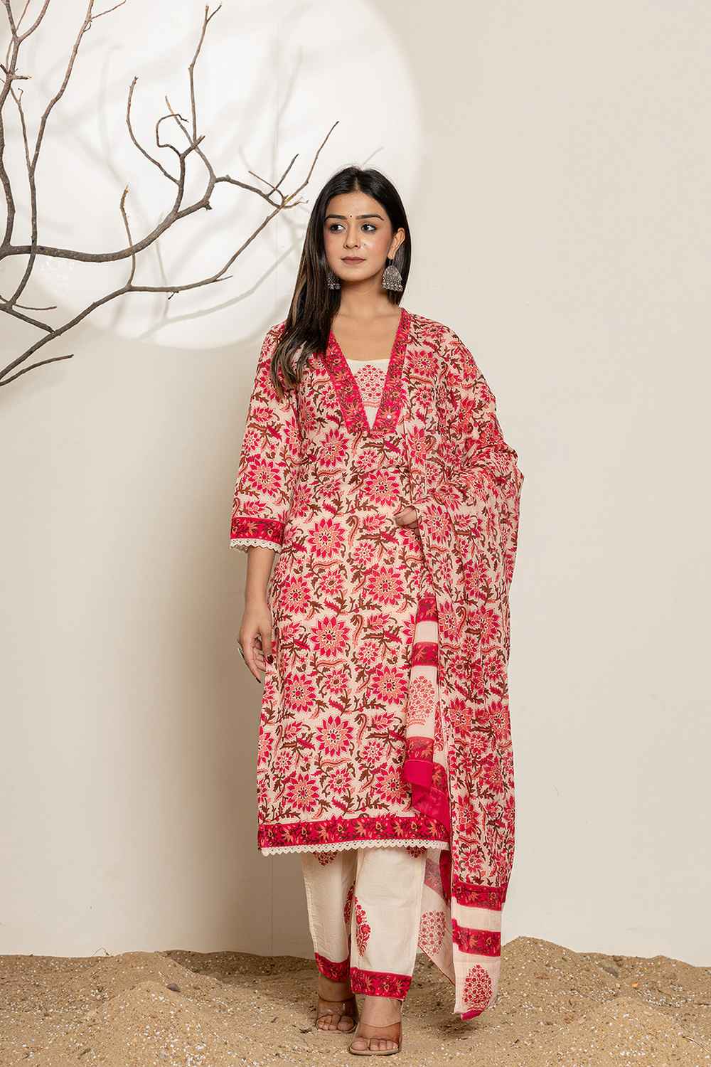 Pink Floral Print Thread Work Pure Cotton Kurti Set