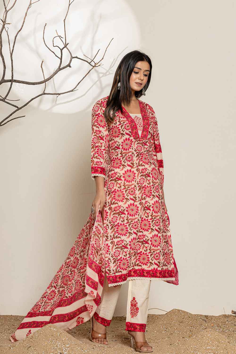 Pink Floral Print Thread Work Pure Cotton Kurta Set