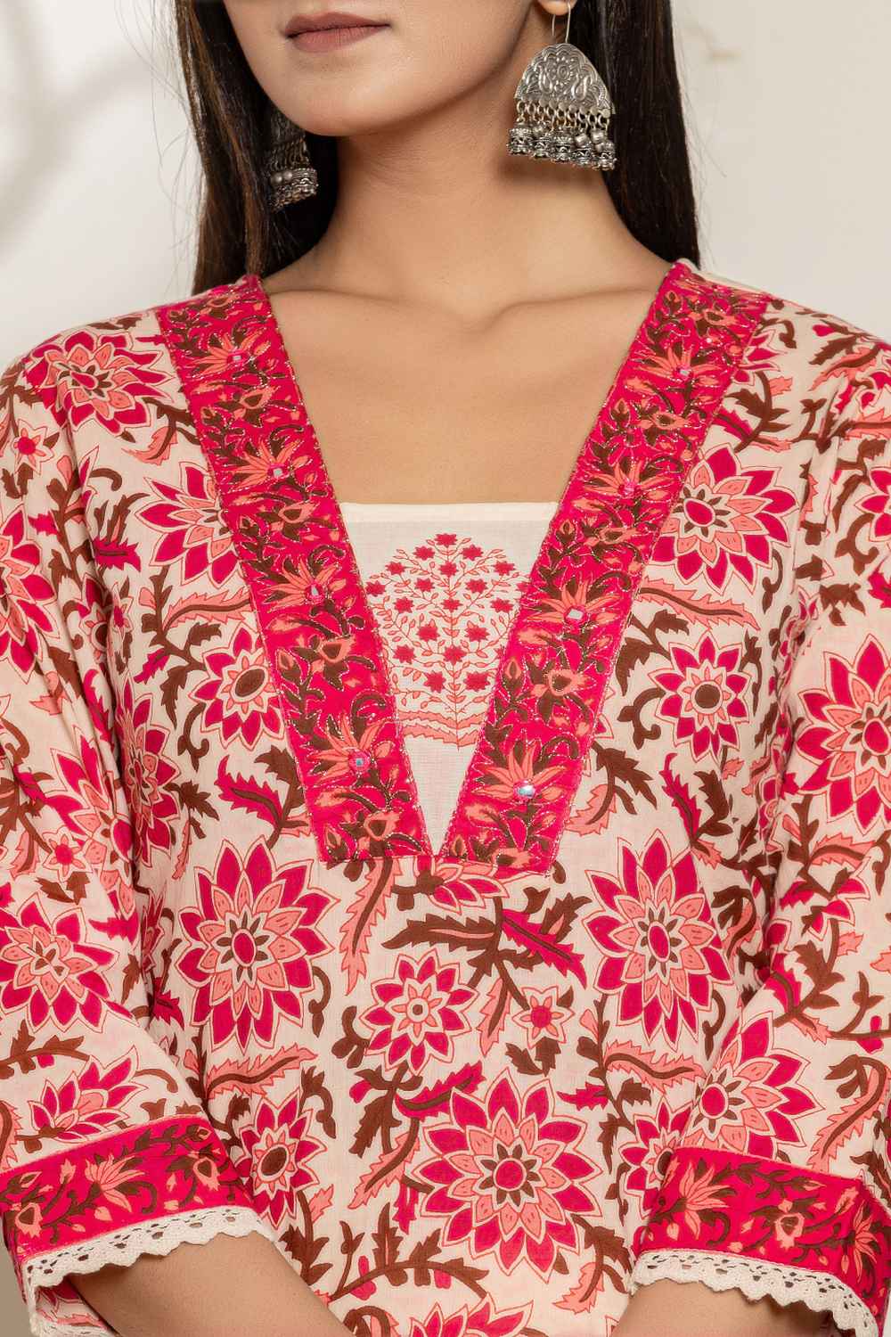 Pink Floral Print Thread Work Pure Cotton Kurti Set