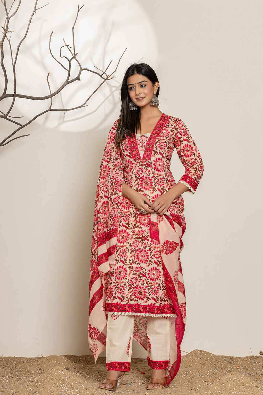 Pink Floral Print Thread Work Pure Cotton Kurti Set