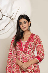 Pink Floral Print Thread Work Pure Cotton Kurta Set