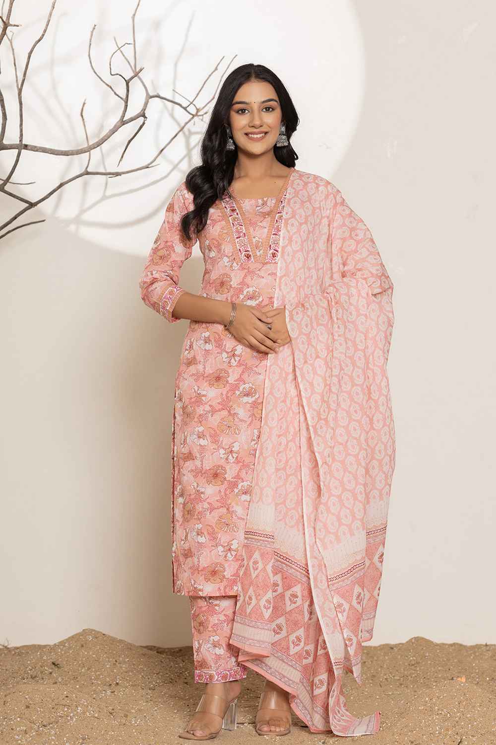 Pink Floral Print Pure Cotton Kurta Set