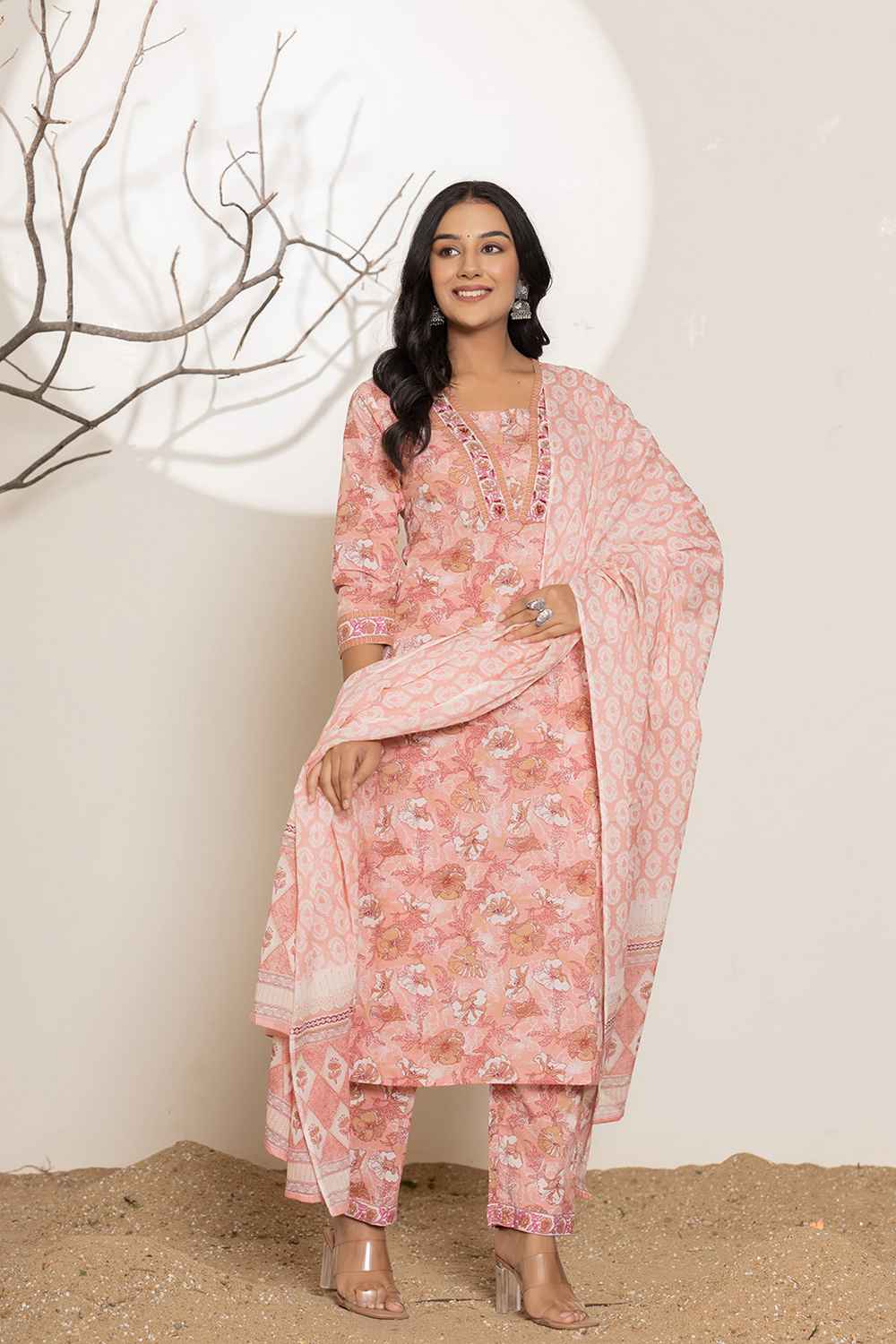 Pink Floral Print Pure Cotton Kurti Set