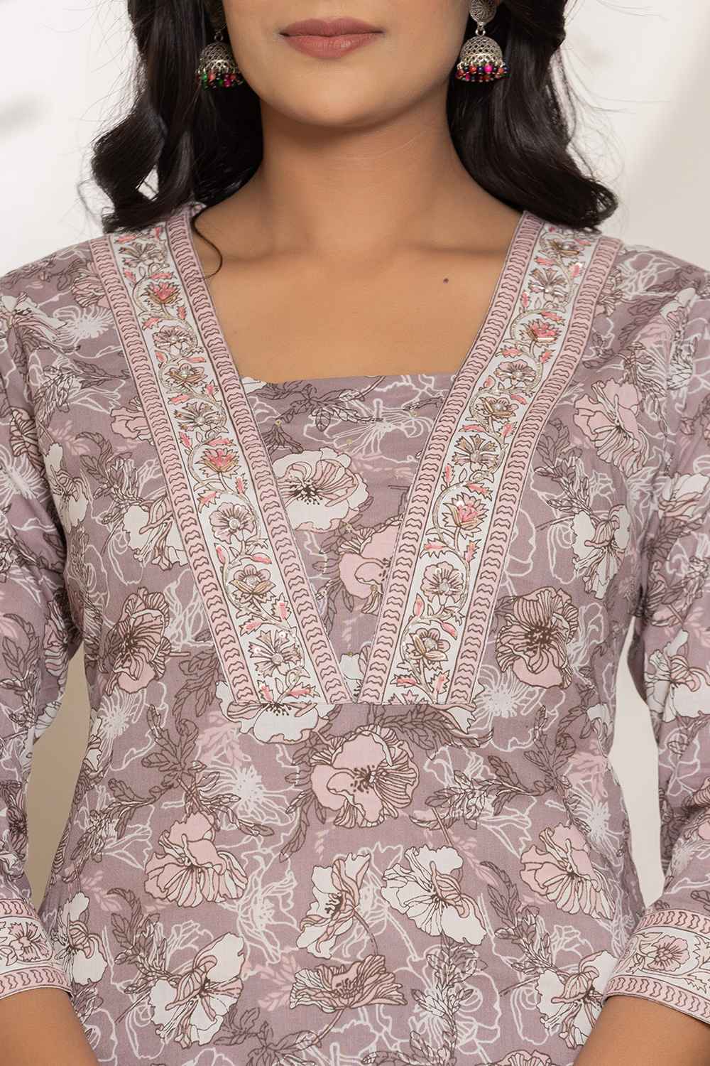 Violet Floral Print Pure Cotton Kurti Set