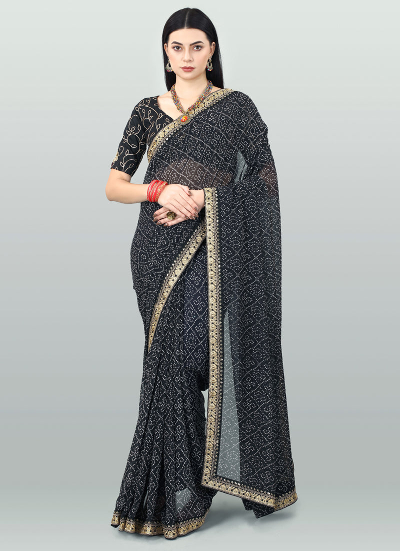 Navy Blue Georgette Printed Party Wear Bandhani Saree