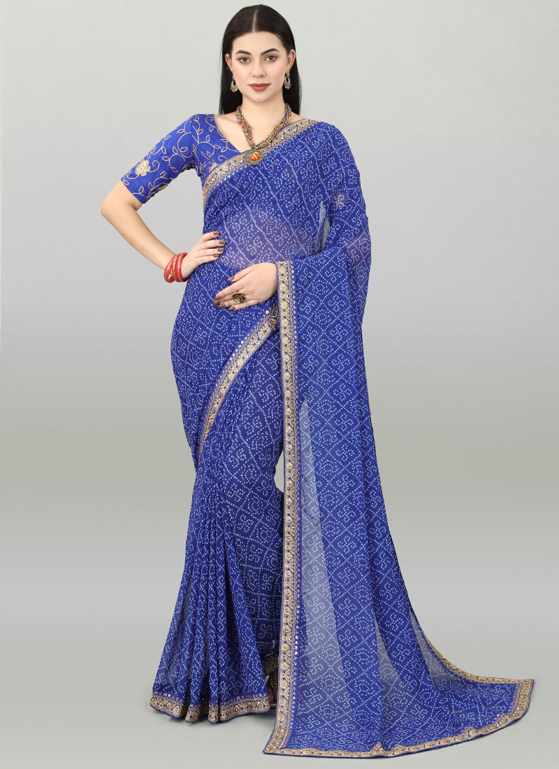 Blue Georgette Printed Party Wear Bandhani Saree