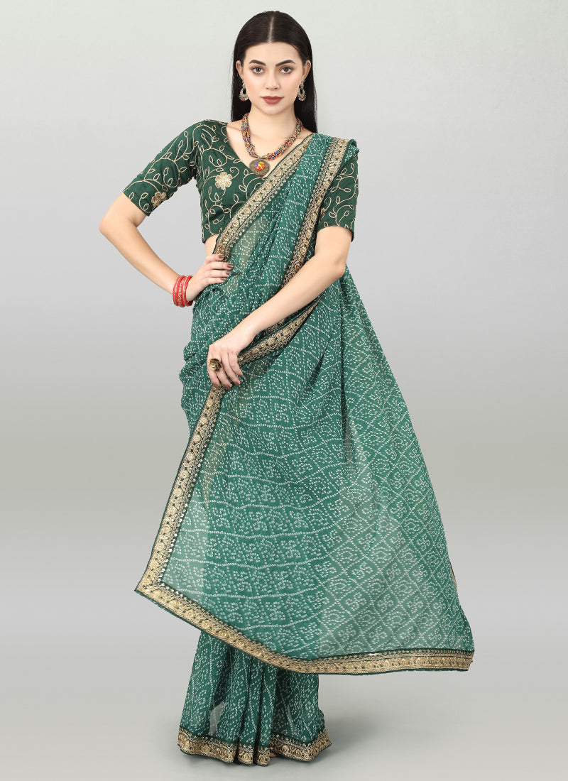 Green Georgette Printed Party Wear Bandhani Saree