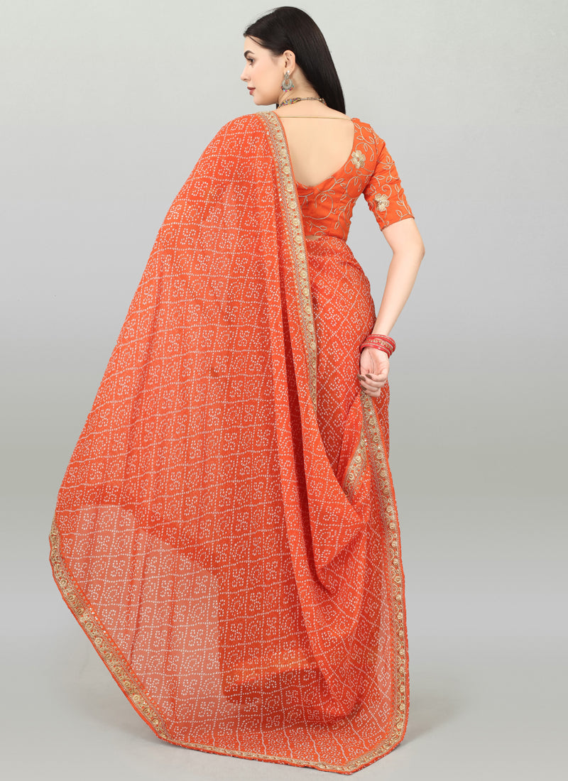 Orange Georgette Printed Party Wear Bandhani Saree