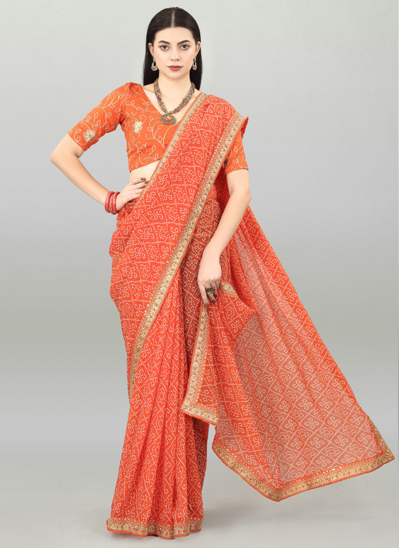 Orange Georgette Printed Party Wear Bandhani Saree