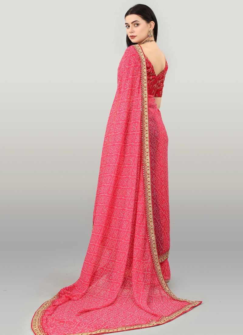 Pink Georgette Printed Party Wear Bandhani Saree