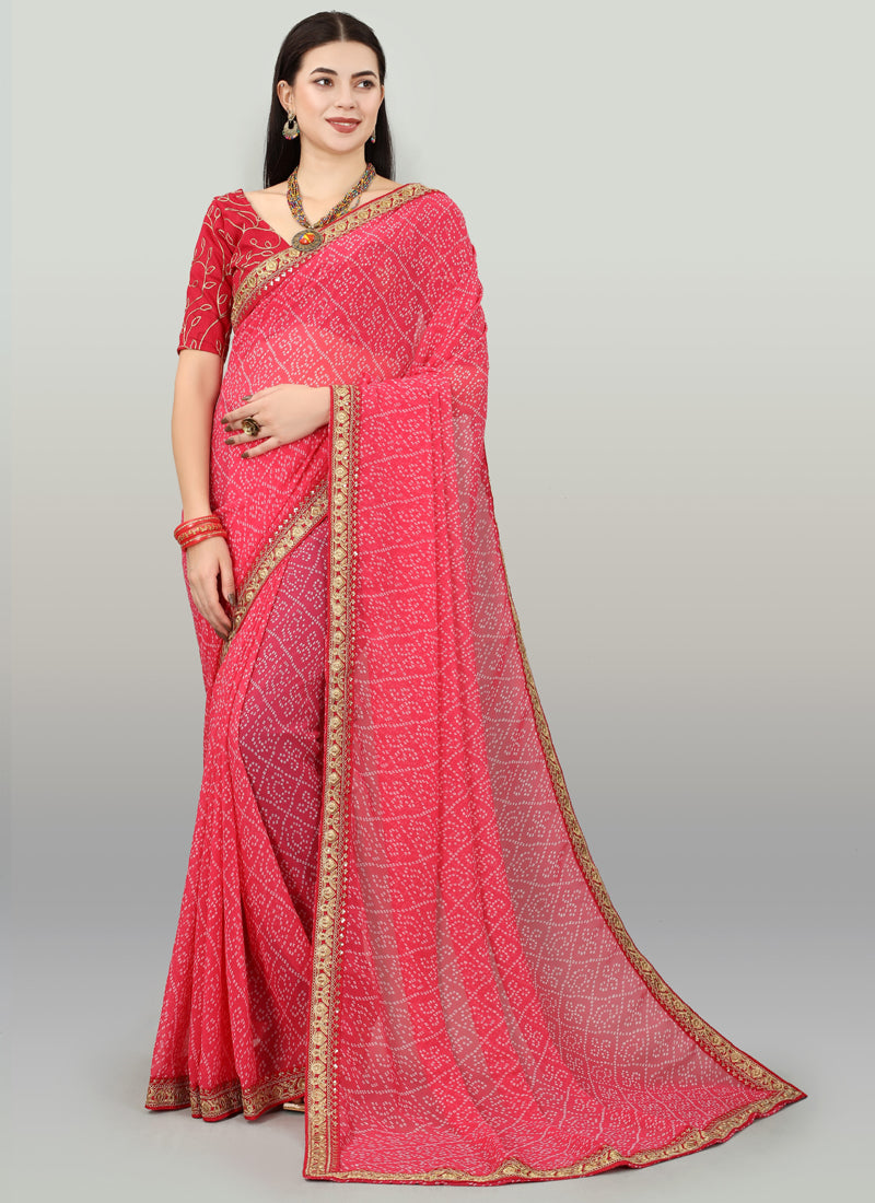 Pink Georgette Printed Party Wear Bandhani Saree