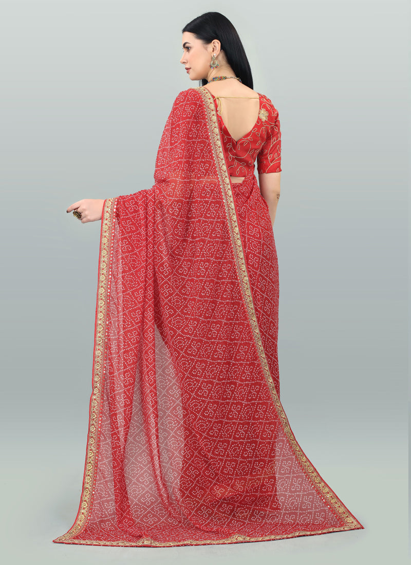 Red Georgette Printed Party Wear Bandhani Saree