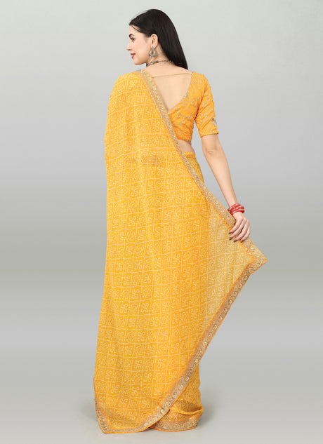 Yellow Georgette Printed Party Wear Bandhani Saree