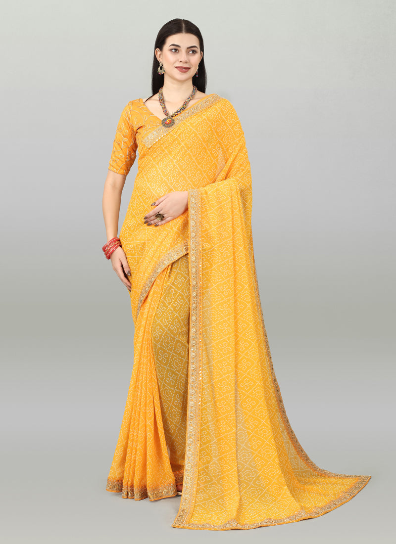 Yellow Georgette Printed Party Wear Bandhani Saree