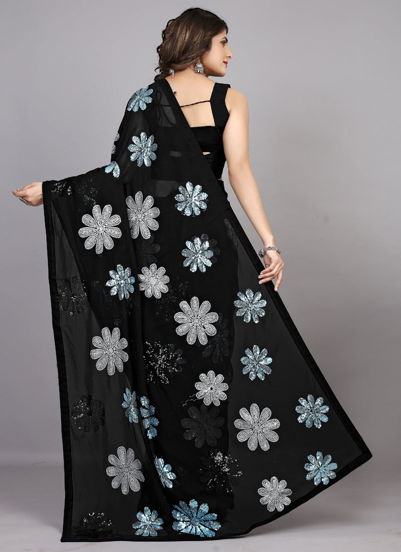 Black Georgette Flower Sequins Saree