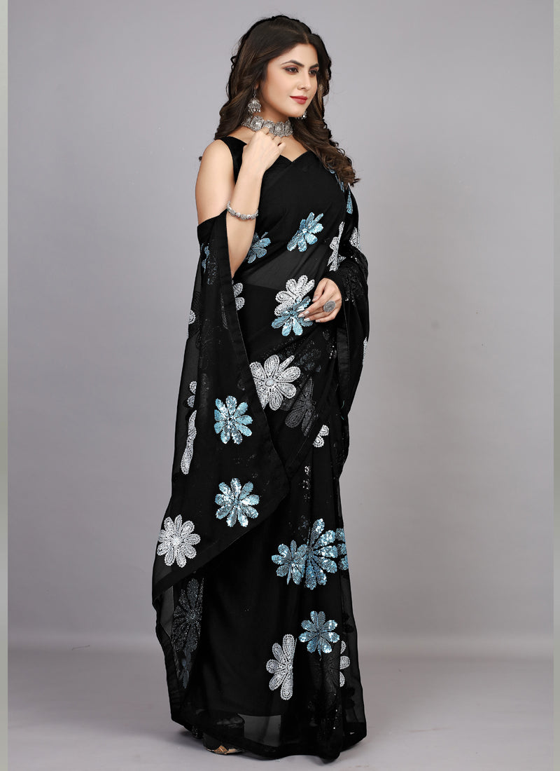 Black Georgette Flower Sequins Saree