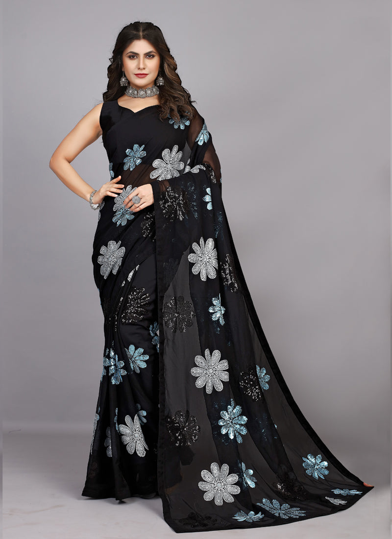 Black Georgette Flower Sequins Saree