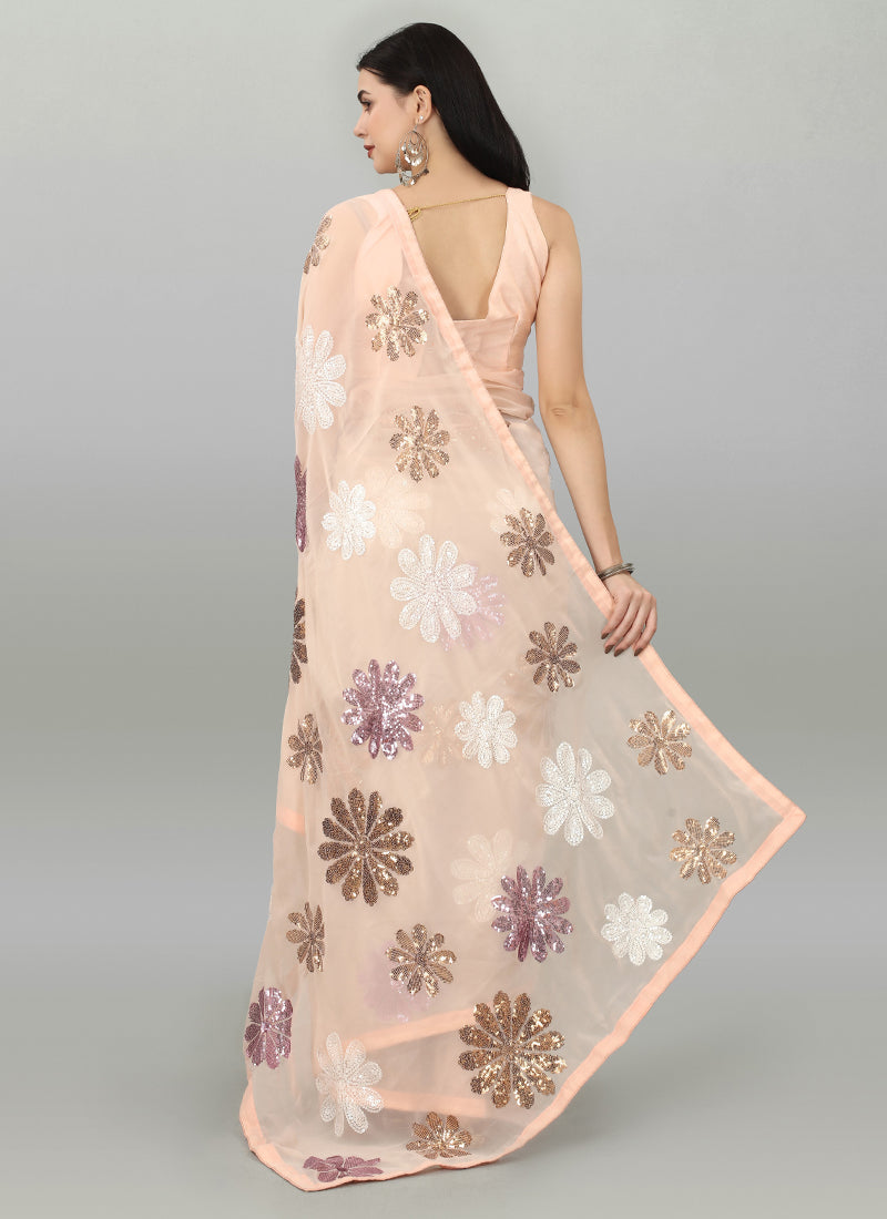 Beige Georgette Flower Sequins Saree