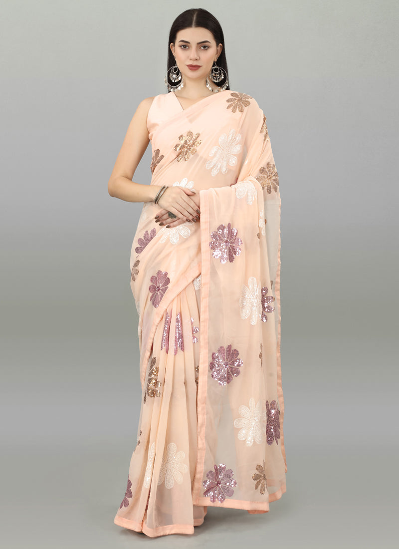 Beige Georgette Flower Sequins Saree