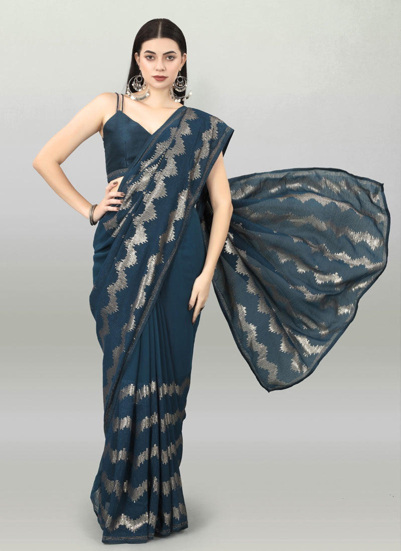 Aqua Blue Georgette Sequins Saree