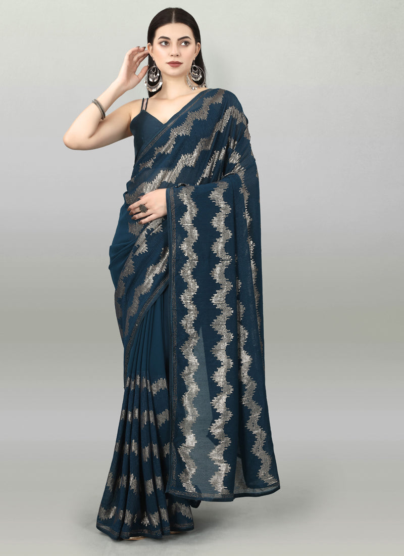 Aqua Blue Georgette Sequins Saree